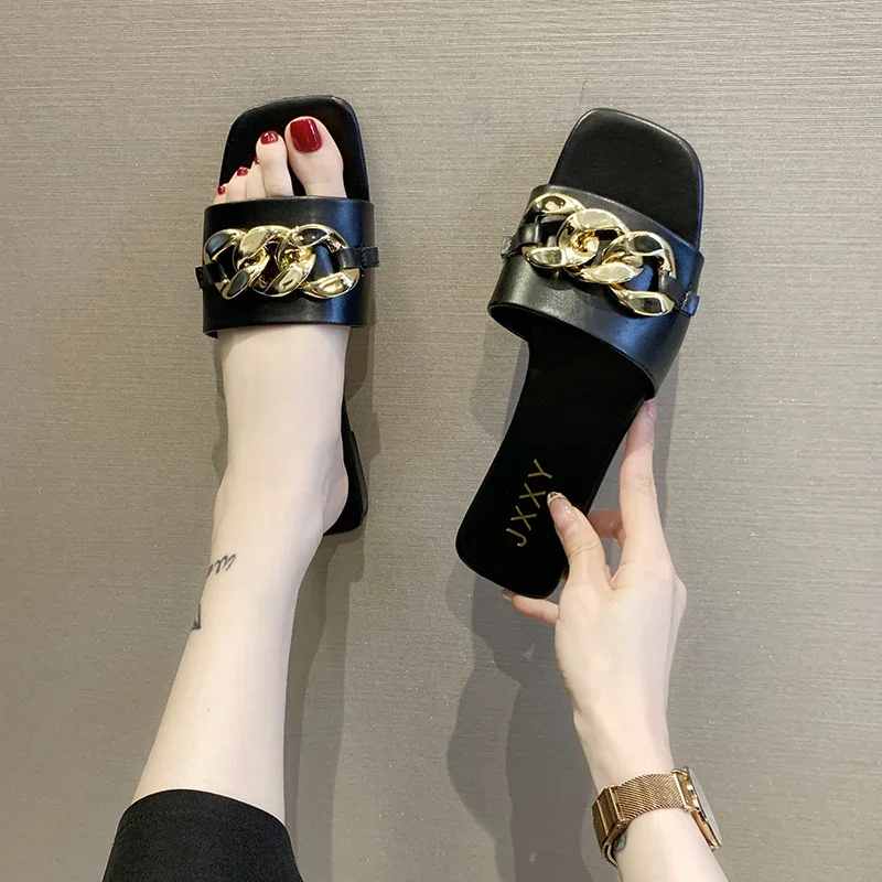 2024 New Fashion Women's Slippers Square Toe Chain Slippers Flat Slide Sandals Beach Flip Flops Metal Decoration Casual Shoes - Image 3