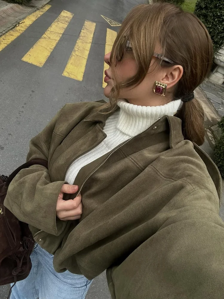 Women Green Suede Leather Jacket 2025 Fashion Oversized Full Sleeve Lapel Bomber Coat Female High Street Outerwears New Spring - Image 6