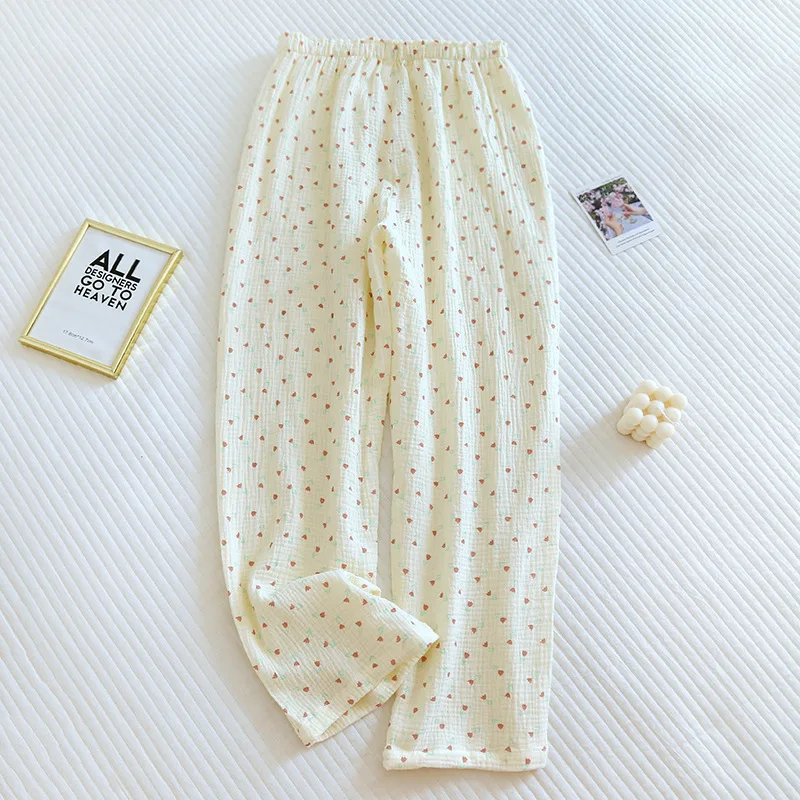 Spring And Summer New Trousers Women's Cute Flowers Thin Section 100%Cotton Crepe Casual Pants Loose Home Pants Women Bottoms - Image 2