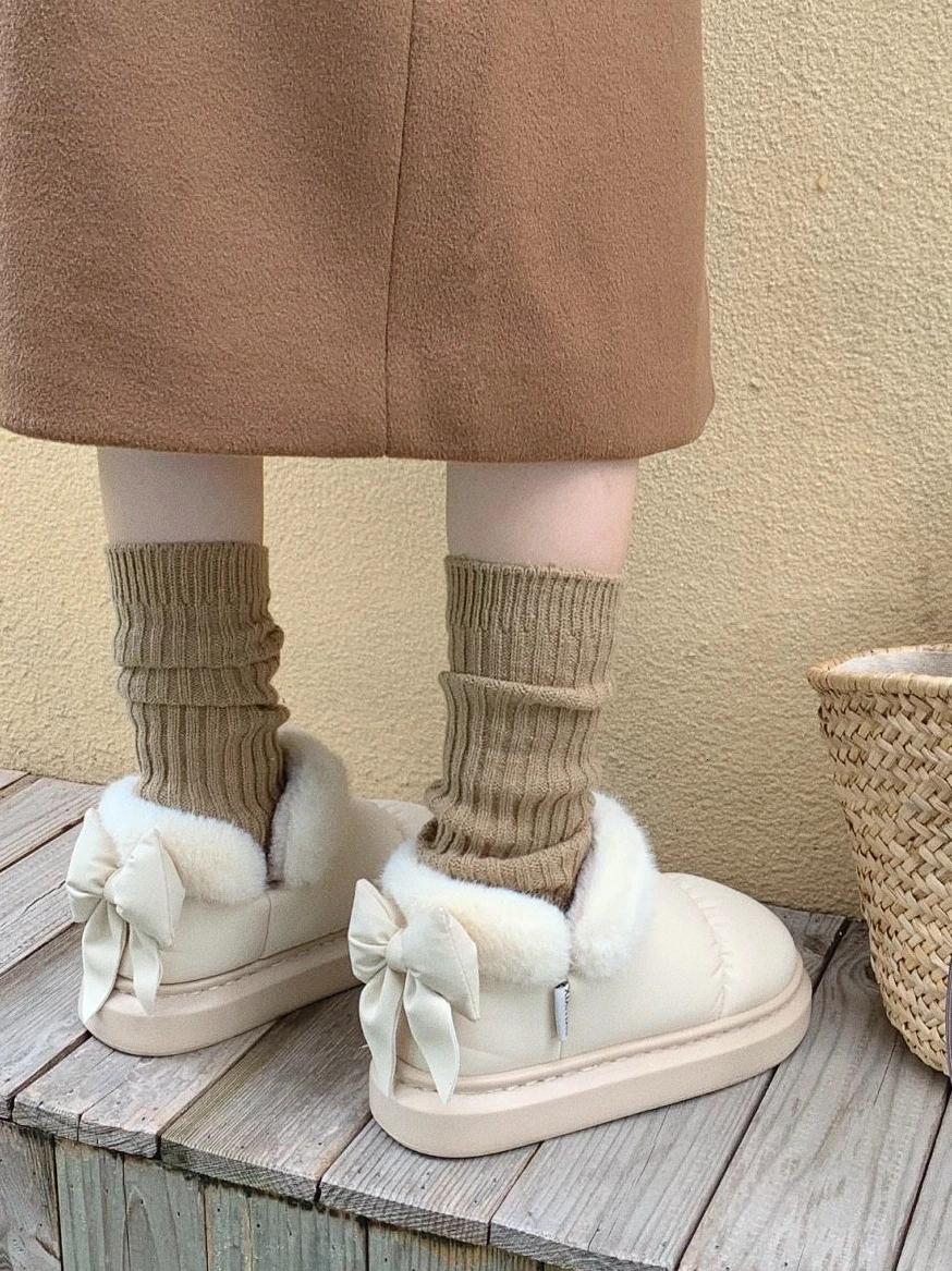 Bow Knot Short Ankle Snow Boots Women Winter Plush And Thick Insulation Waterproof PU Cotton Household Shoes Home Slipper Women - Image 5