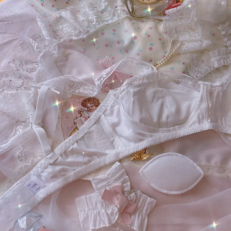 French Underwear Thin White Cotton Lace Small Chest Retro Steel-free Flat Bra Set Bra for Women - Image 3
