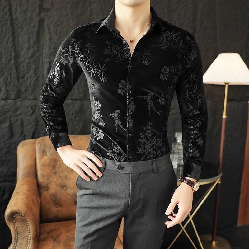 Luxury Velvet Velvet Shirt Men 2024 Spring Slim Casual Dress Shirts Social PartyTuxedo Blouse Camisas Para Hombre Men Clothing - Image 2