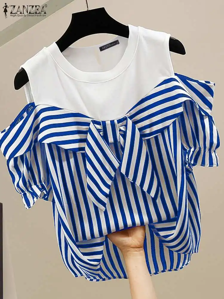 ZANZEA Women Cold Shoulder Blouse Fashion Plaid Stitching Shirt Holiday Summer Bowtie Short Sleeve Tops 2024 Vintage Loose Blusa - Image 3
