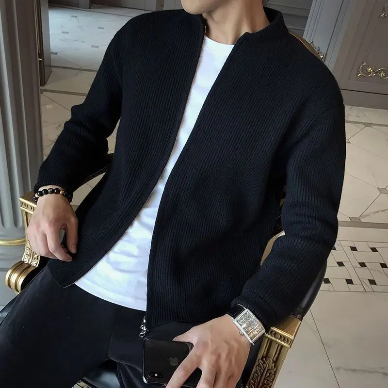 2023 New Spring and Autumn Korean Edition Trend Stand Collar Solid Color Pit Stripe Slim Fitting High-end Men's Sweater Cardigan - Image 5