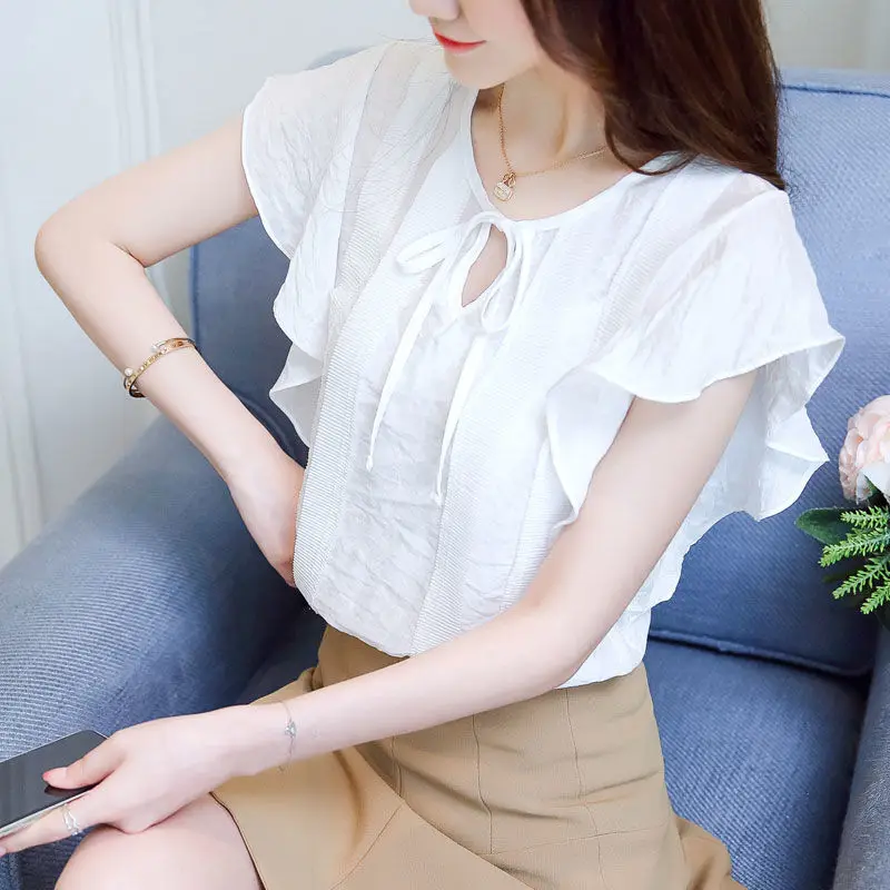 Female O-Neck Bow Lacing Hollow Out Solid Blouse Loose Oversize Flying Sleeve Patchwork Chiffon Shirt Women's Summer Clothing - Image 3