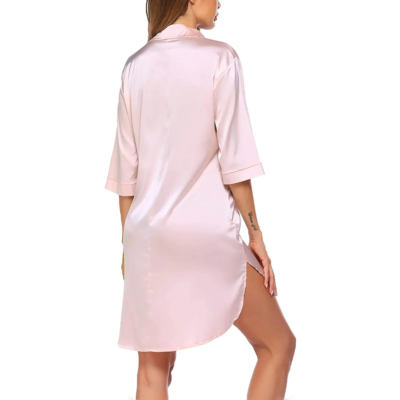 Combhasaki Women's Solid Color Satin Silky Comfy Sleepshirts Half Sleeve Single Breasted Down Lapel Collar Loose Night Shirts - Image 5