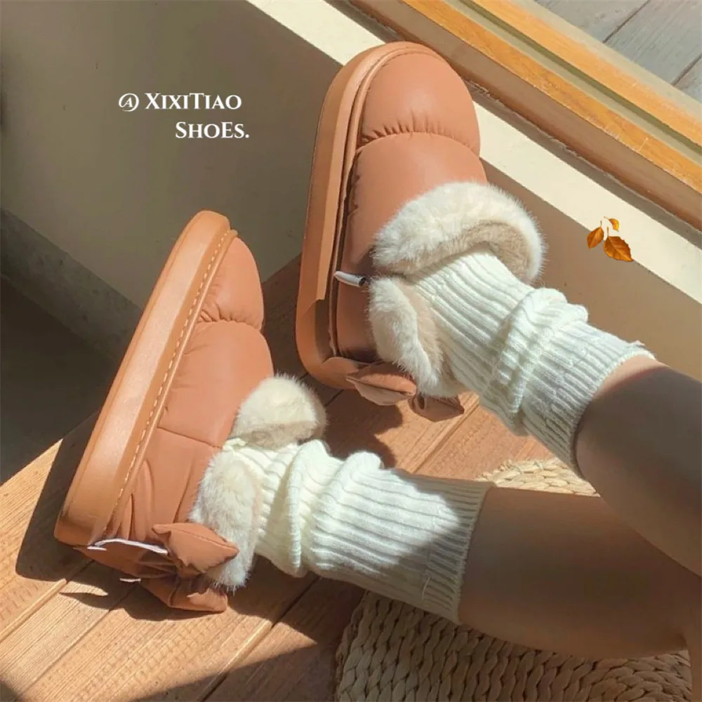 Cute Warm Ankle Boots Winter Women's Bow Warmth Plush Bow Cotton Shoes 2024 New Waterproof Down Cloth Short Barrel Snow Boots - Image 6