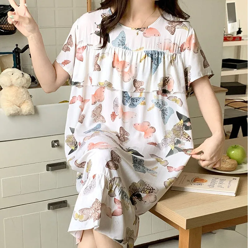Sexy Nightwear Women Icy Floral Pattern Women Pajamas Dress Butterfly Print Student Sleepwear O- Neck Lace Mid-Length Nightgown - Image 6
