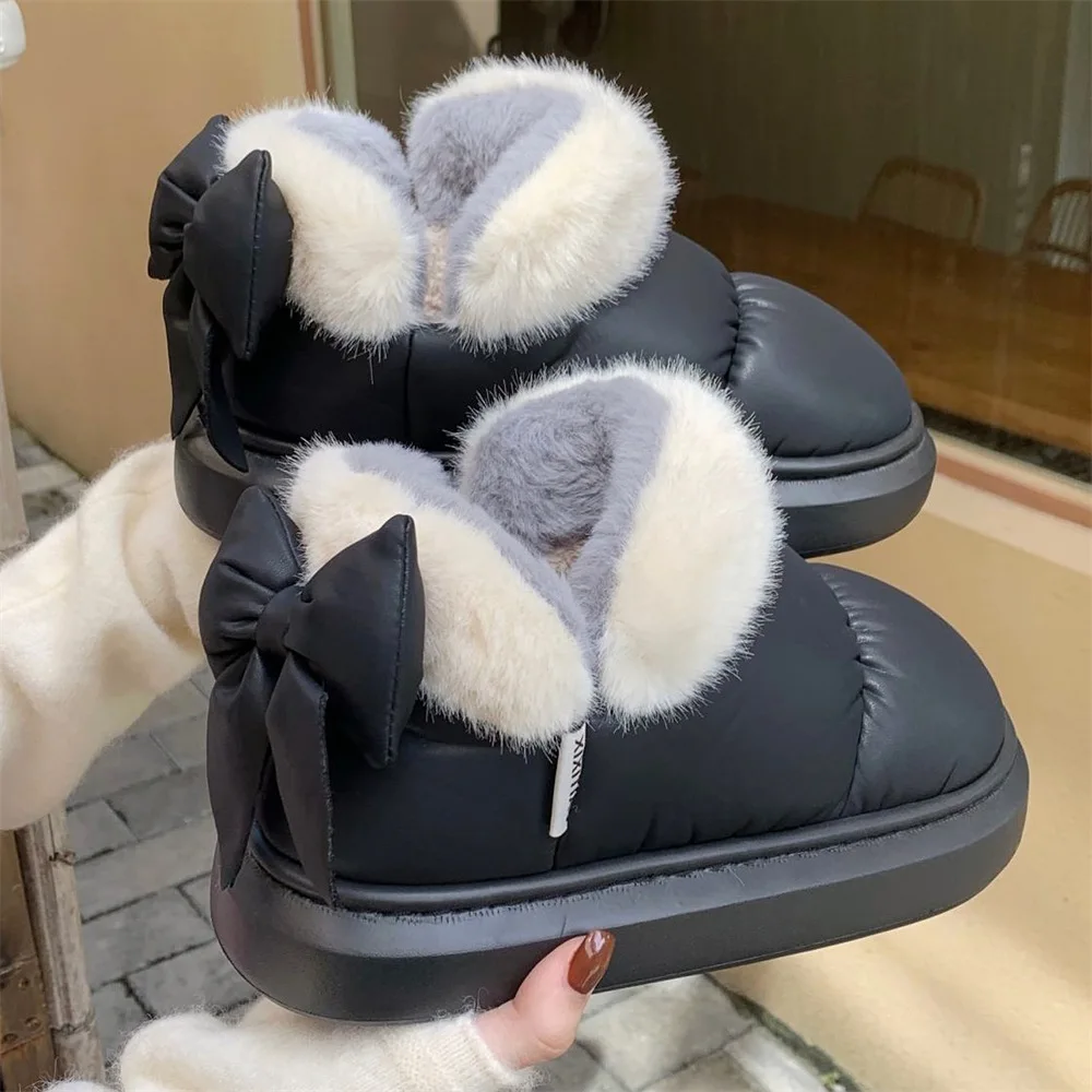 Cute Warm Ankle Boots Winter Women's Bow Warmth Plush Bow Cotton Shoes 2024 New Waterproof Down Cloth Short Barrel Snow Boots - Image 4