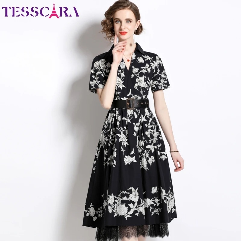TESSCARA Women Summer Elegant Long Cocktail Party Dress Vintage Lace A Line Designer Gown - Image 3