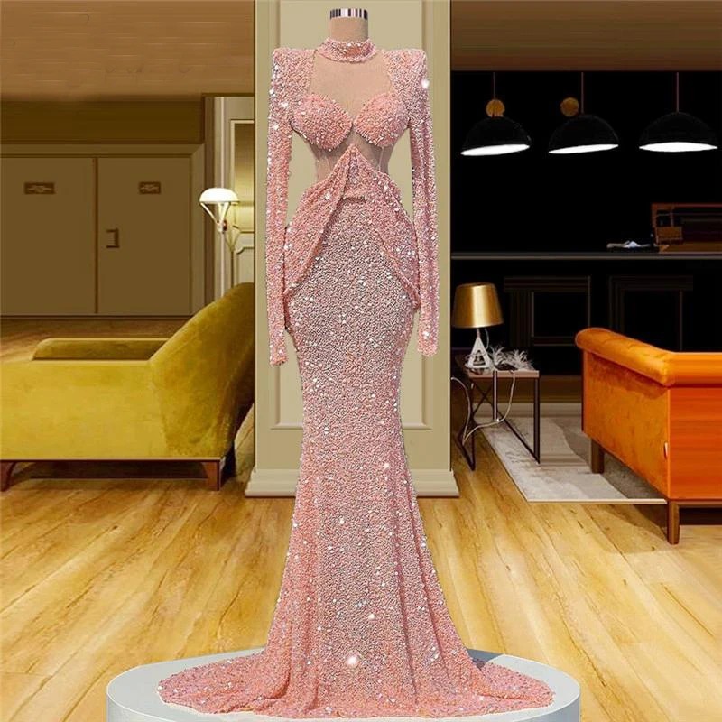 Dubai Pink Luxury Beaded Evening Dress | High Neck Long Sleeve Mermaid Sweet 15 & 16 Prom Birthday Gown - Image 6