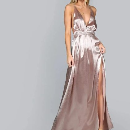 Cross Back Satin Maxi Slip Dress High Split Evening Dress