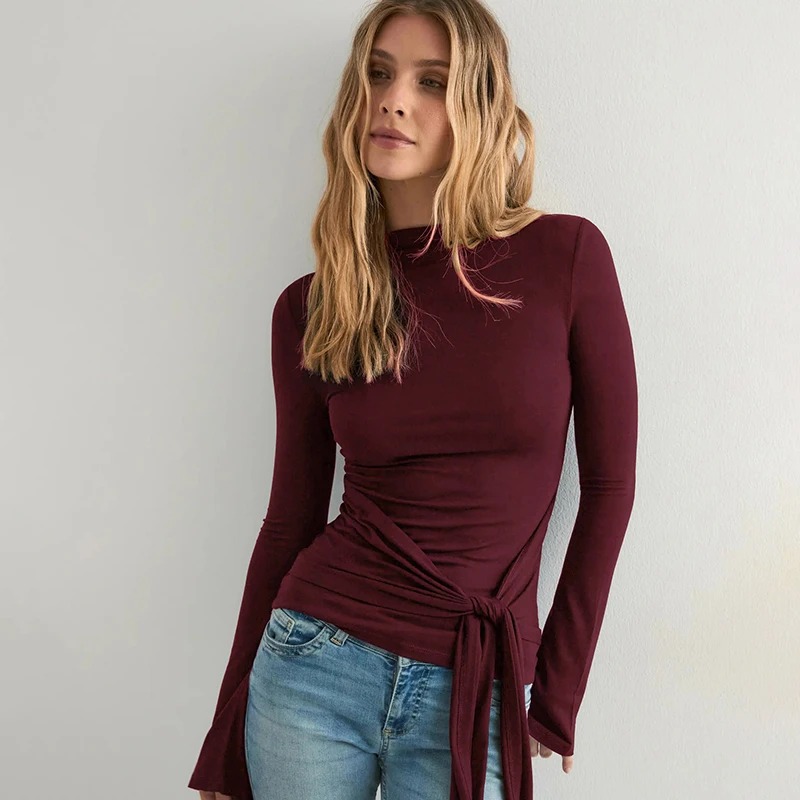UTENOVA Women's Fall New Arrival Round Neck Bell Sleeve Tie-Front Top – Chic Casual Streetwear