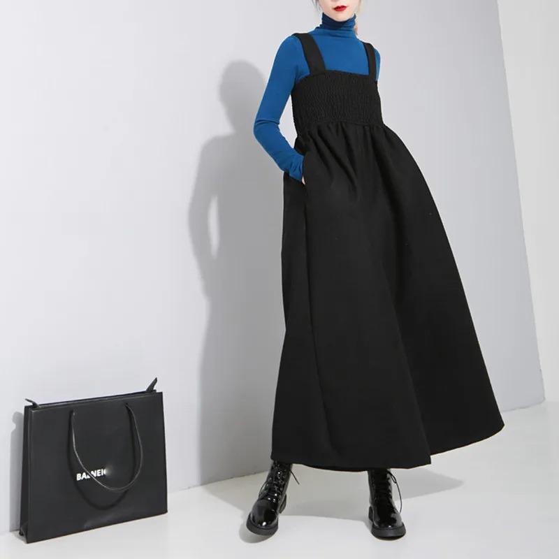 Women’s Woolen Wide Leg Jumpsuit – Plus Size Black Autumn Winter Romper