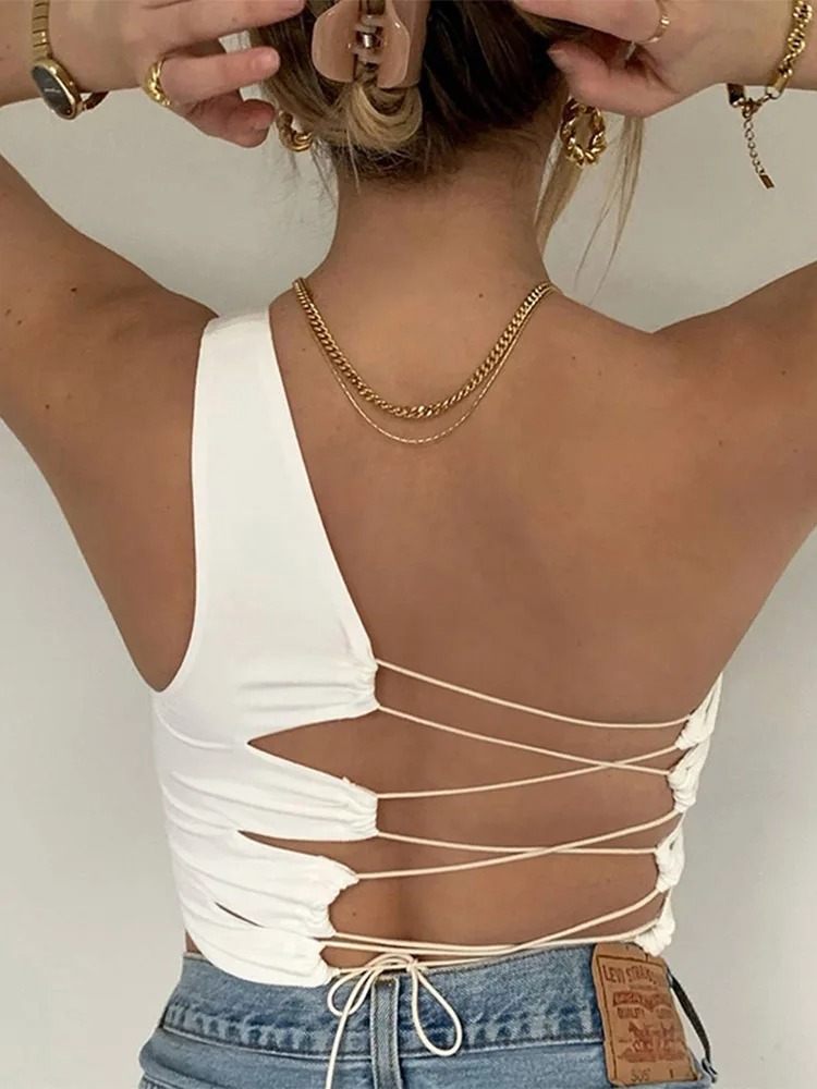 Women’s Hollow Back Crop Tank Top – Slim Fit Soft Korean Style Summer Camisole in Black & White - Image 7