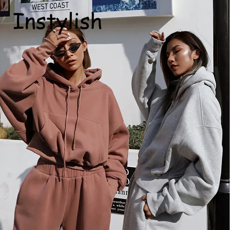 Women Fleece Two Piece Set Y2K Vintage Hoodie Sweatpants Tracksuit - Image 4