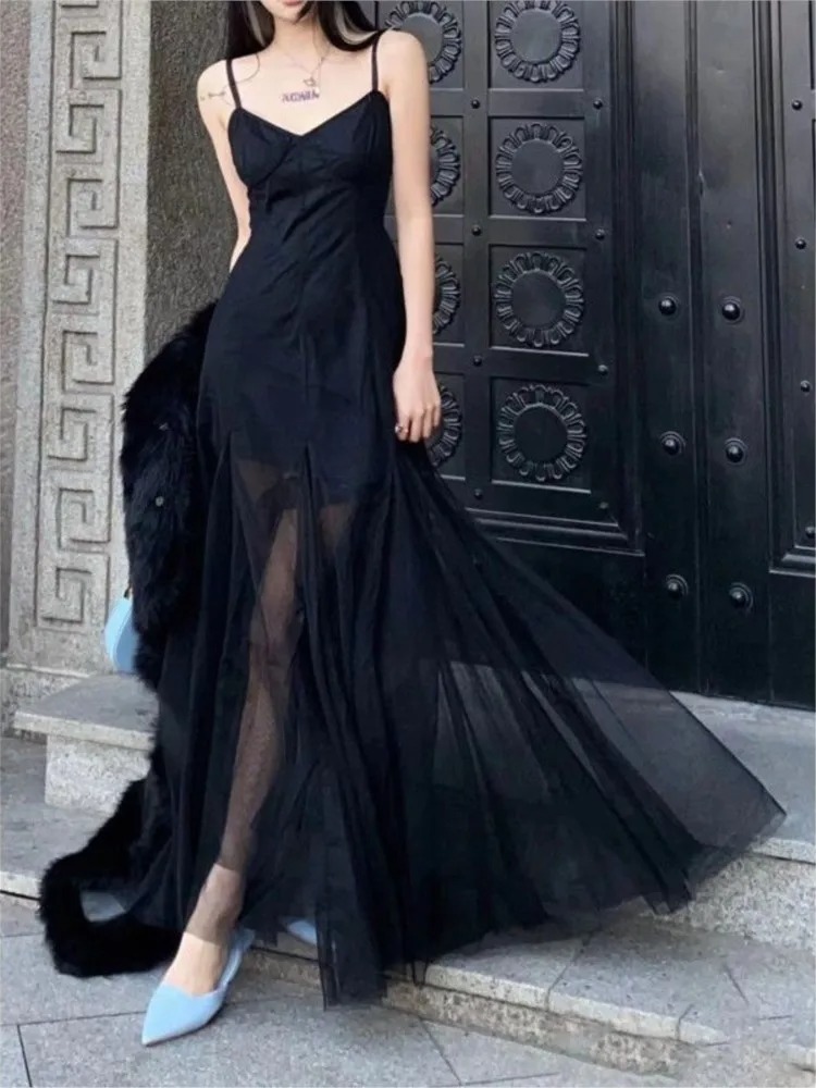 French Style Vintage Evening Dress for Women – Spaghetti Strap Mesh Patchwork V-Neck Split Black Slim Party Dress - Image 7