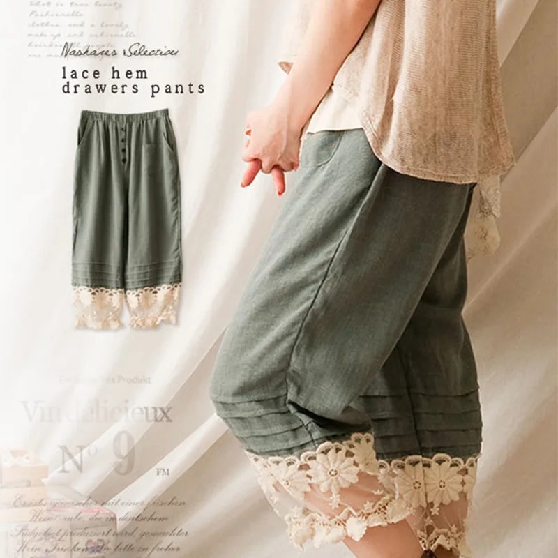 Harajuku Mori Girl Cotton Linen Pants Army Green Lace Floral Embroidered Trousers - Image 5