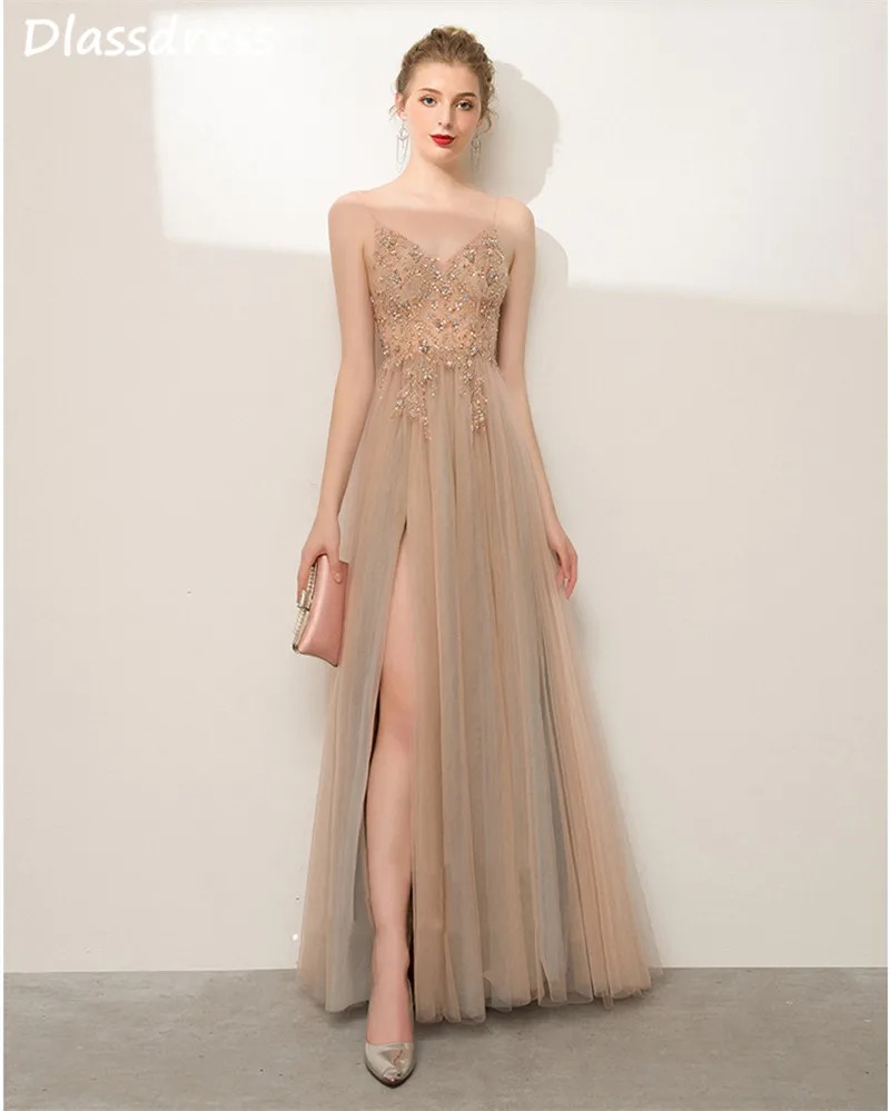 Champagne A Line Prom Dress Spaghetti Strap Sequin Gown - Image 7