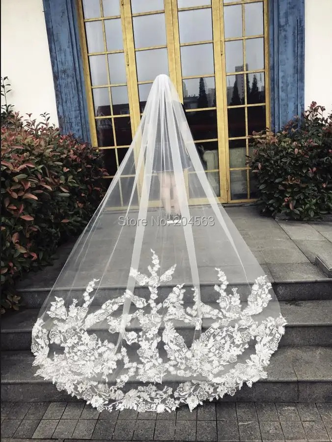 Long Lace Bridal Veil with Comb White Ivory Wedding Veil - Image 5