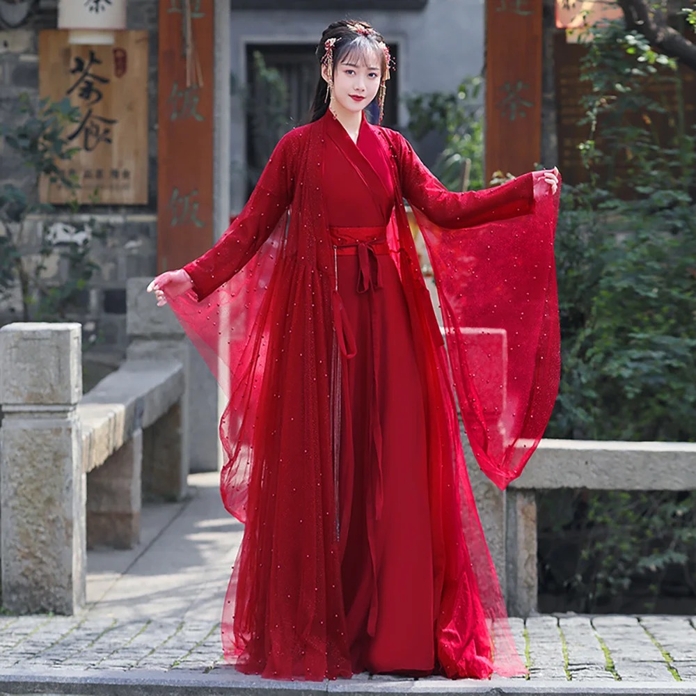 Red Sequin Hanfu Fairy Dress Two Layer Chinese Dance Gown - Image 6