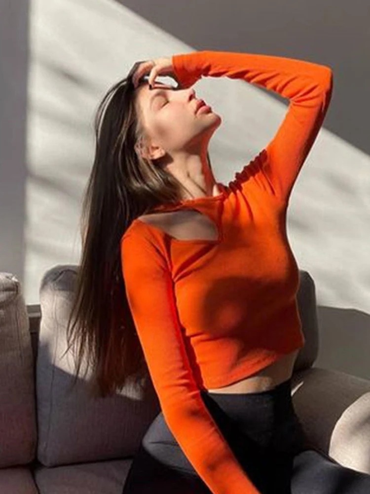 Women’s Ribbed Knitted Cut-Out Long Sleeve Crop Top – Autumn Winter Basic Tee - Image 2