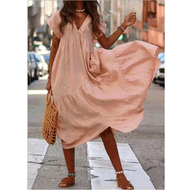 Women V Neck Ruffle Maxi Dress Casual A Line Beach Sundress - Image 7