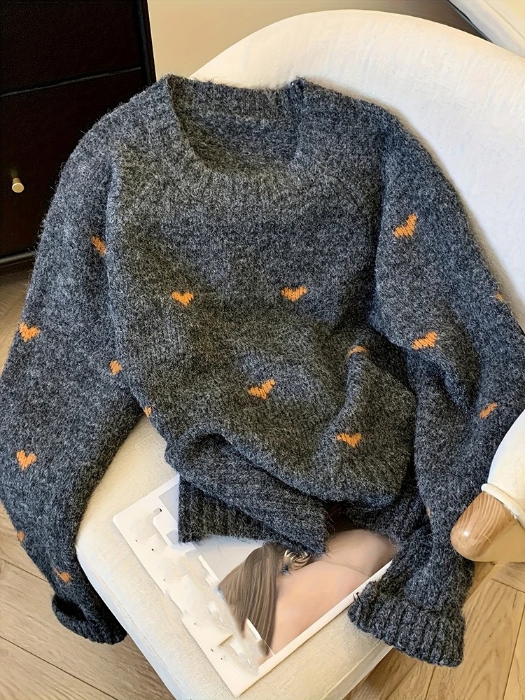 Women’s Heart Pattern Knit Sweater – Long Sleeve Round Neck Autumn Winter Pullover Top - Image 3