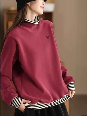 Retro Fake Two-Piece Women Sweatshirt Striped Patchwork Casual Loose Top - Image 4