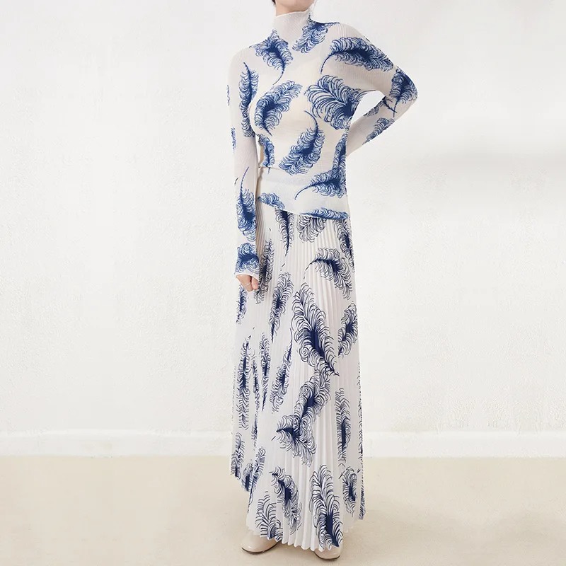 Miyake Pleated Lace Skirt Set 2023 Printed T-Shirt High Waist Two Piece Suit