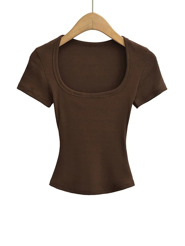 Women’s Square Collar Slim Fit Crop Top – High Stretch Short Sleeve Summer Pullover Blouse - Image 5