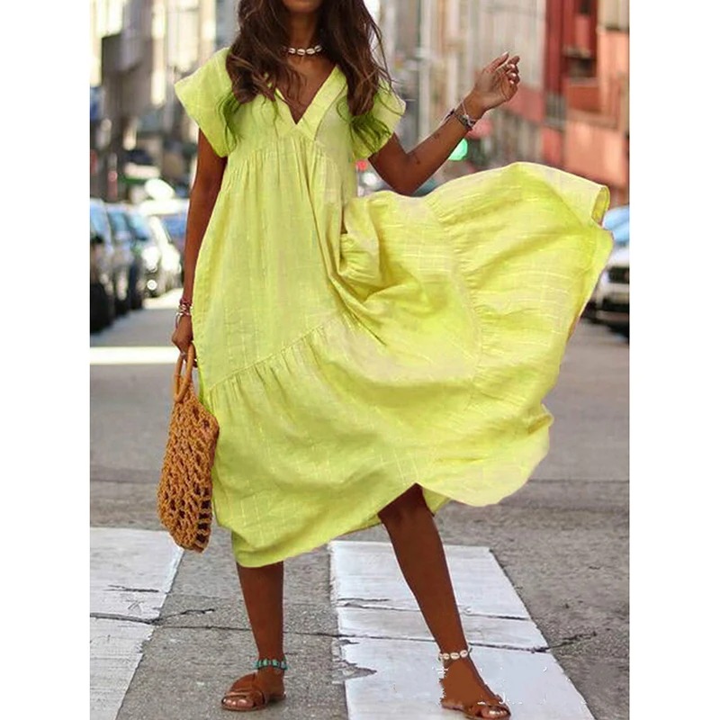Women V Neck Ruffle Maxi Dress Casual A Line Beach Sundress - Image 2