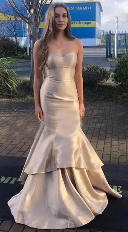 Elegant Champagne Mermaid Prom Dress | Sweetheart Neckline Tiered Skirt Long Formal Evening Party Gown - Image 2
