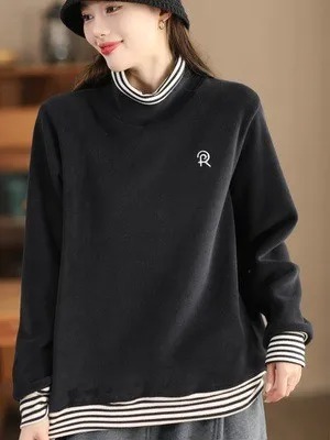 Retro Fake Two-Piece Women Sweatshirt Striped Patchwork Casual Loose Top - Image 2