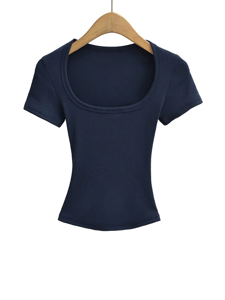 Women’s Square Collar Slim Fit Crop Top – High Stretch Short Sleeve Summer Pullover Blouse - Image 3