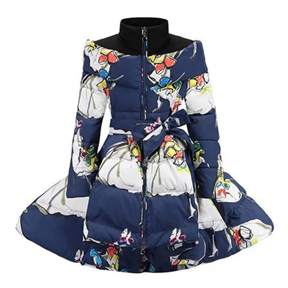 Kids’ Printed Long Down Coat – Winter Stand Collar Jacket with Waist Bow (Children’s Outerwear) - Image 5
