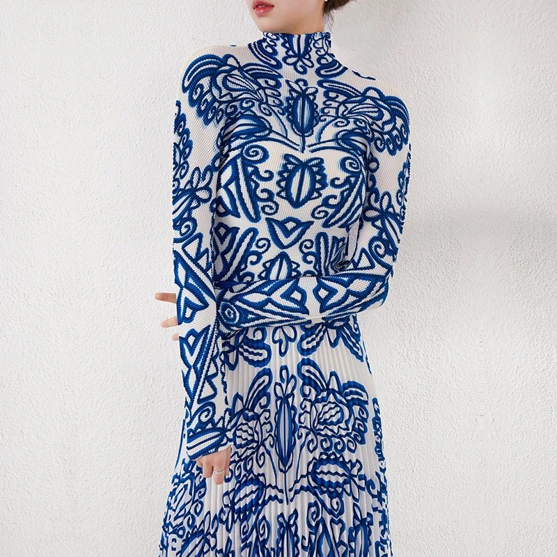 Miyake Pleated Lace Skirt Set 2023 Printed T-Shirt High Waist Two Piece Suit - Image 4