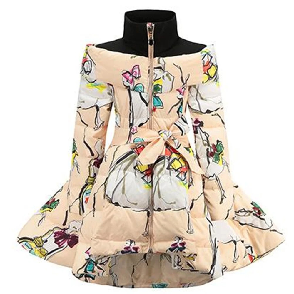Kids’ Printed Long Down Coat – Winter Stand Collar Jacket with Waist Bow (Children’s Outerwear) - Image 4