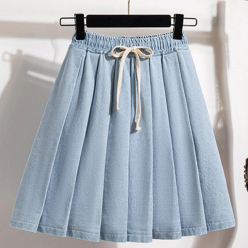 5XL Oversize Denim Skirts Women Lace Up Pleated Skirt Summer Elastic Waist Cute Soft Girl Frilly Loose Jeans Mini Skirt Culotte - Image 5