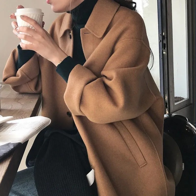 Spring Autumn Korean Style Mid-Long Woolen Coat Women Single Breasted Streetwear Outerwear - Image 6