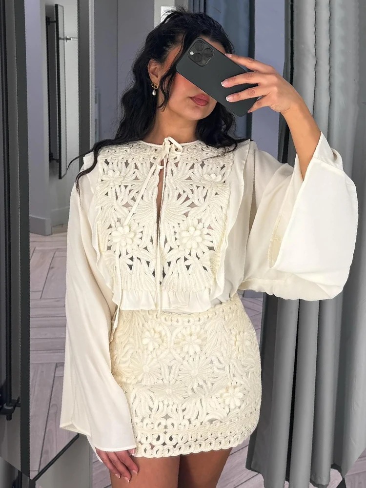 HH Women Summer Lace Up Hollow Out Long Sleeve Shirt A Line High Waist Mini Skirt Set - Image 5