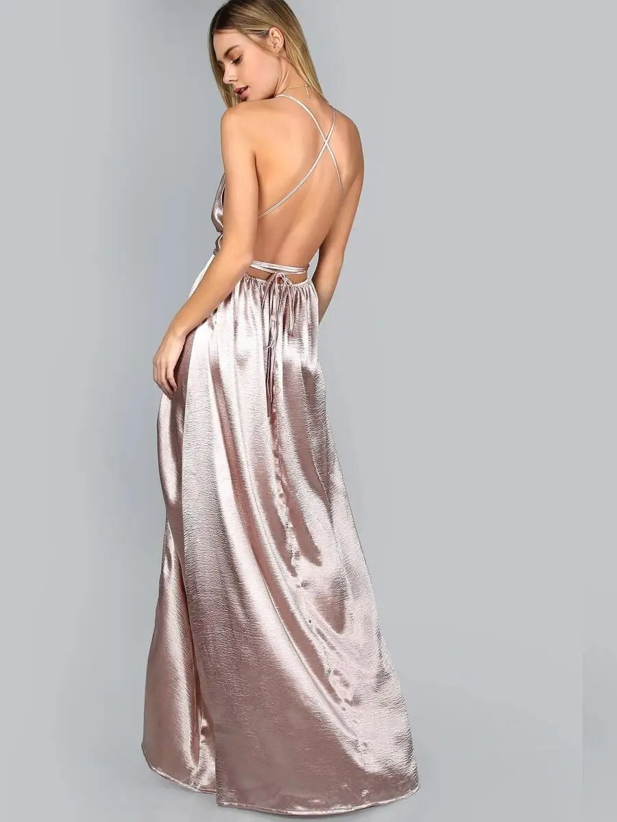 Cross Back Satin Maxi Slip Dress High Split Evening Dress - Image 5