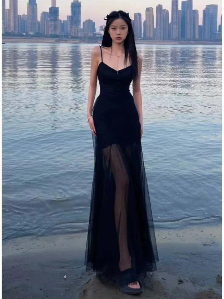 French Style Vintage Evening Dress | Spaghetti Strap Mesh Patchwork V-Neck Split Black Slim Elegant Party Dress
