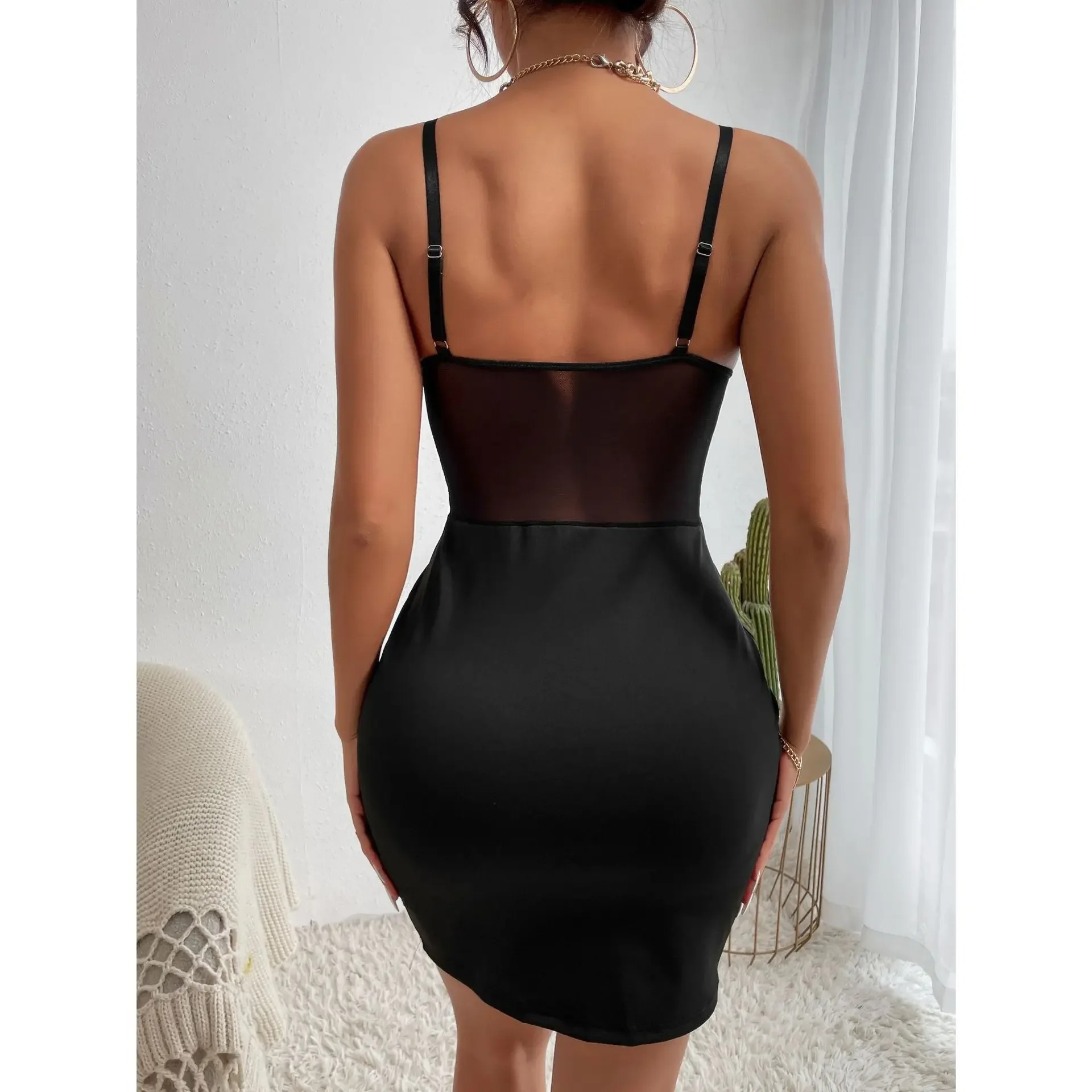 Y2K Sexy Mesh Club Dress | Hollow-Out See-Through Fishbone Halter V-Neck Slim Nightclub Party Skirt - Image 6
