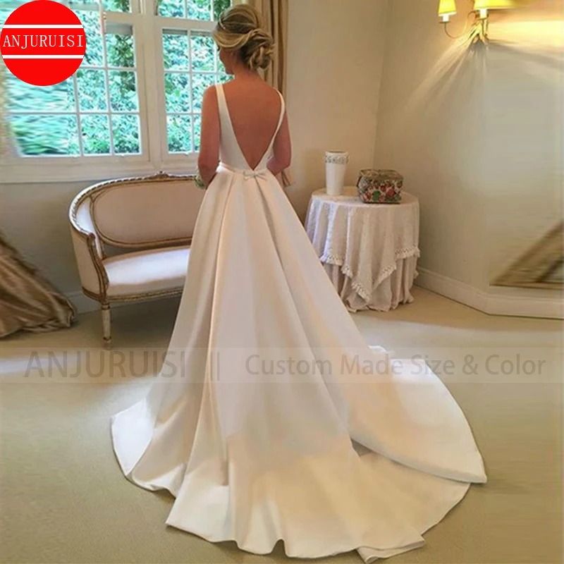 White Satin A-Line Wedding Dress | Scoop Neck Backless Sweep Train Simple Bridal Gown - Image 6
