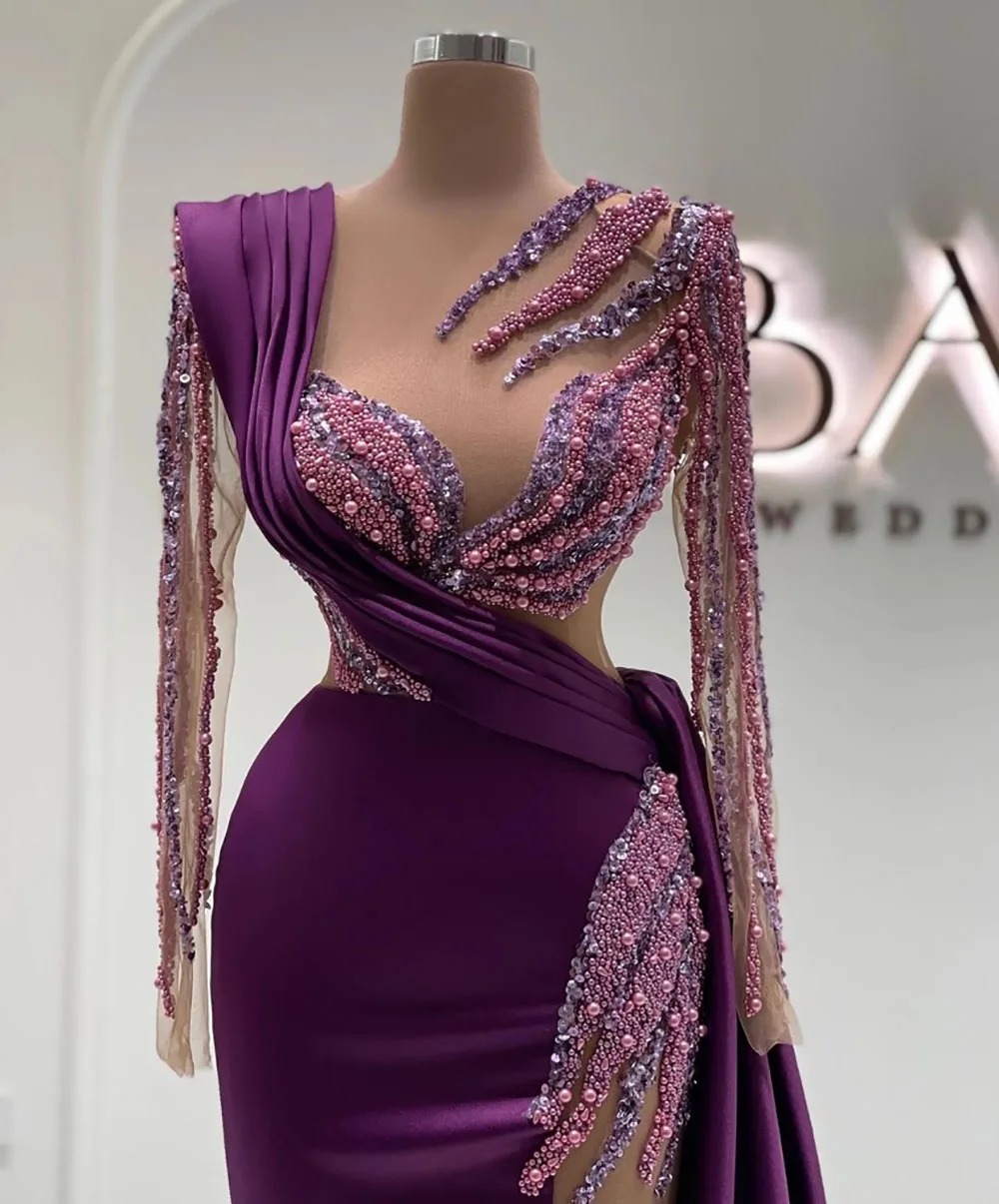 Purple Prom Party Gown | Plus Size Beaded Crystal Satin Sequin Long Sleeve O-Neck Formal Evening Dress - Image 6