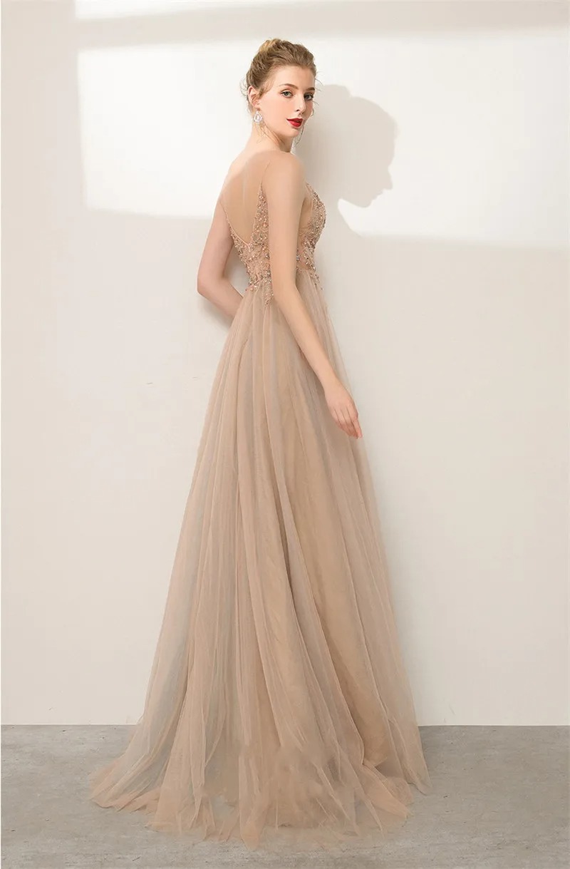 Champagne A-Line Evening Dress | Spaghetti Strap Beaded Sequin Illusion Top Split Floor-Length Prom Gown - Image 7