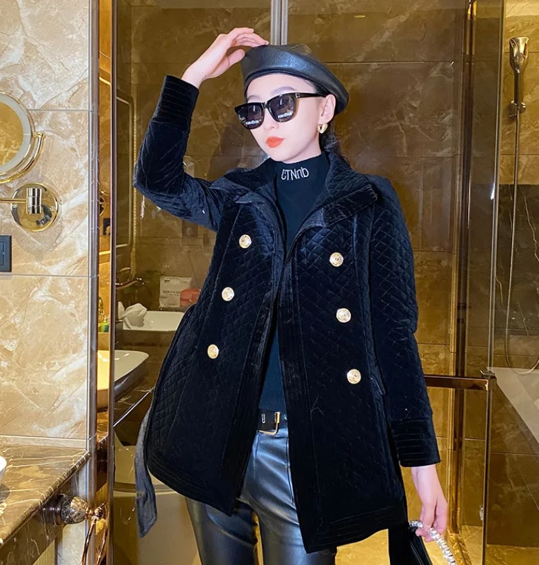Women’s Velvet Cotton Quilted Coat – Mid-Length Plaid Black Diamond Winter Jacket