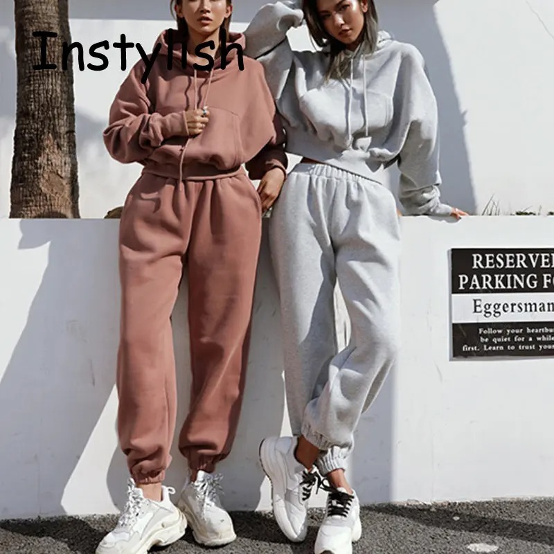 Women Fleece Two Piece Set Y2K Vintage Hoodie Sweatpants Tracksuit - Image 5
