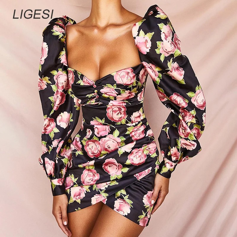Vintage Floral Bodycon Dress for Women | Puff Sleeve Off-Shoulder Elegant Party & Club Wear - Image 7